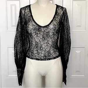 Black Sheer Lace Long-Sleeve Top